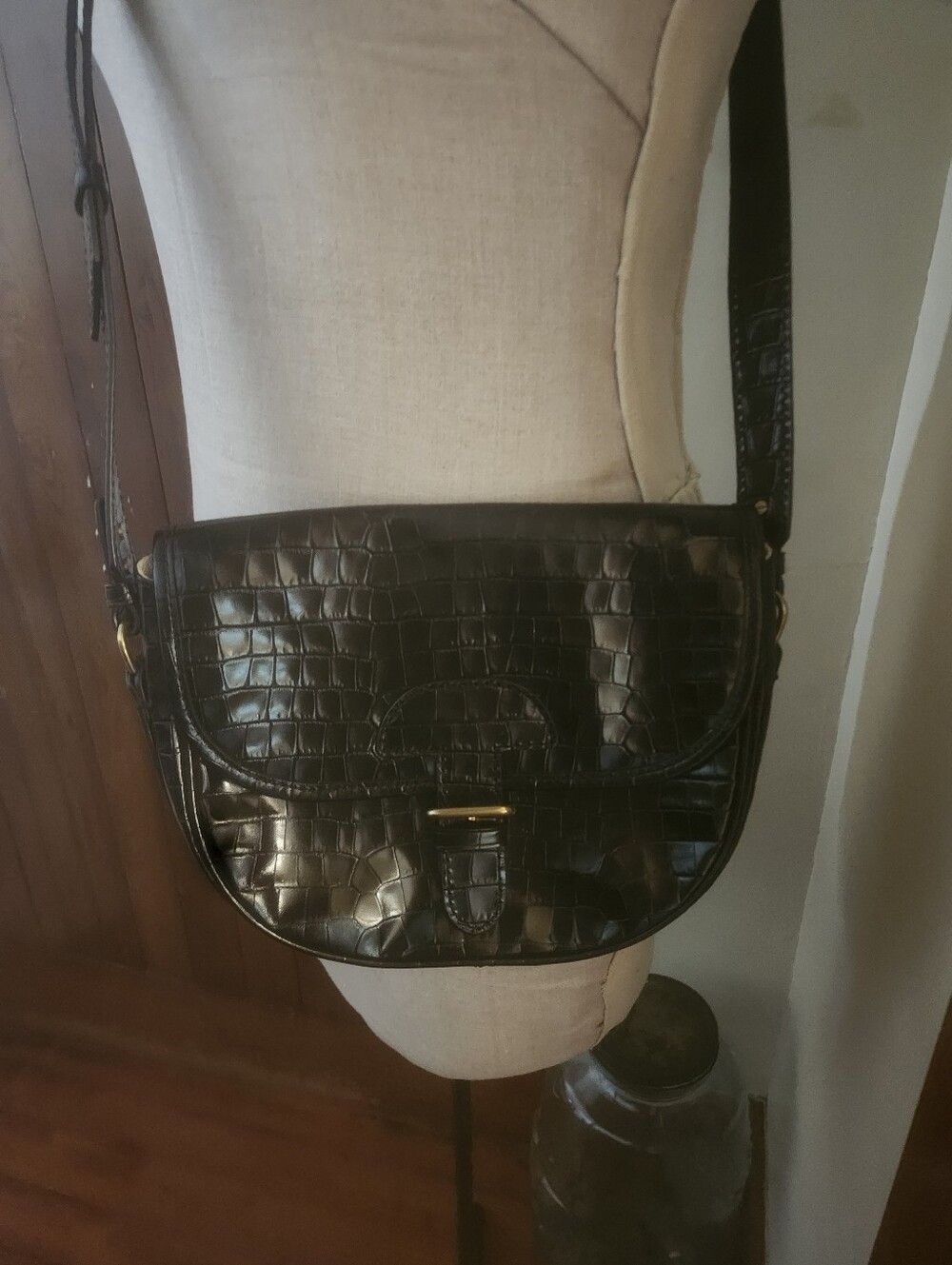 J Crew Black Croc Leather Crossbody Bag
